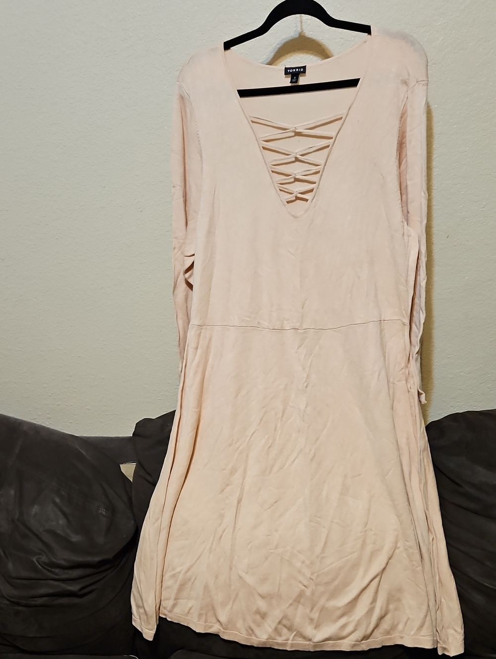 torrid Pale Blush Lace-Up V-Neck Long Sleeve Midi Dress